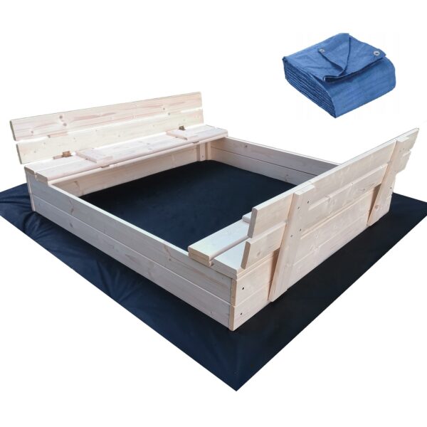 Piaskownica zamykana dla dzieci Drewniana z ławeczkami 120 cm Gratis Plandeka Piaskownica ogrodowa